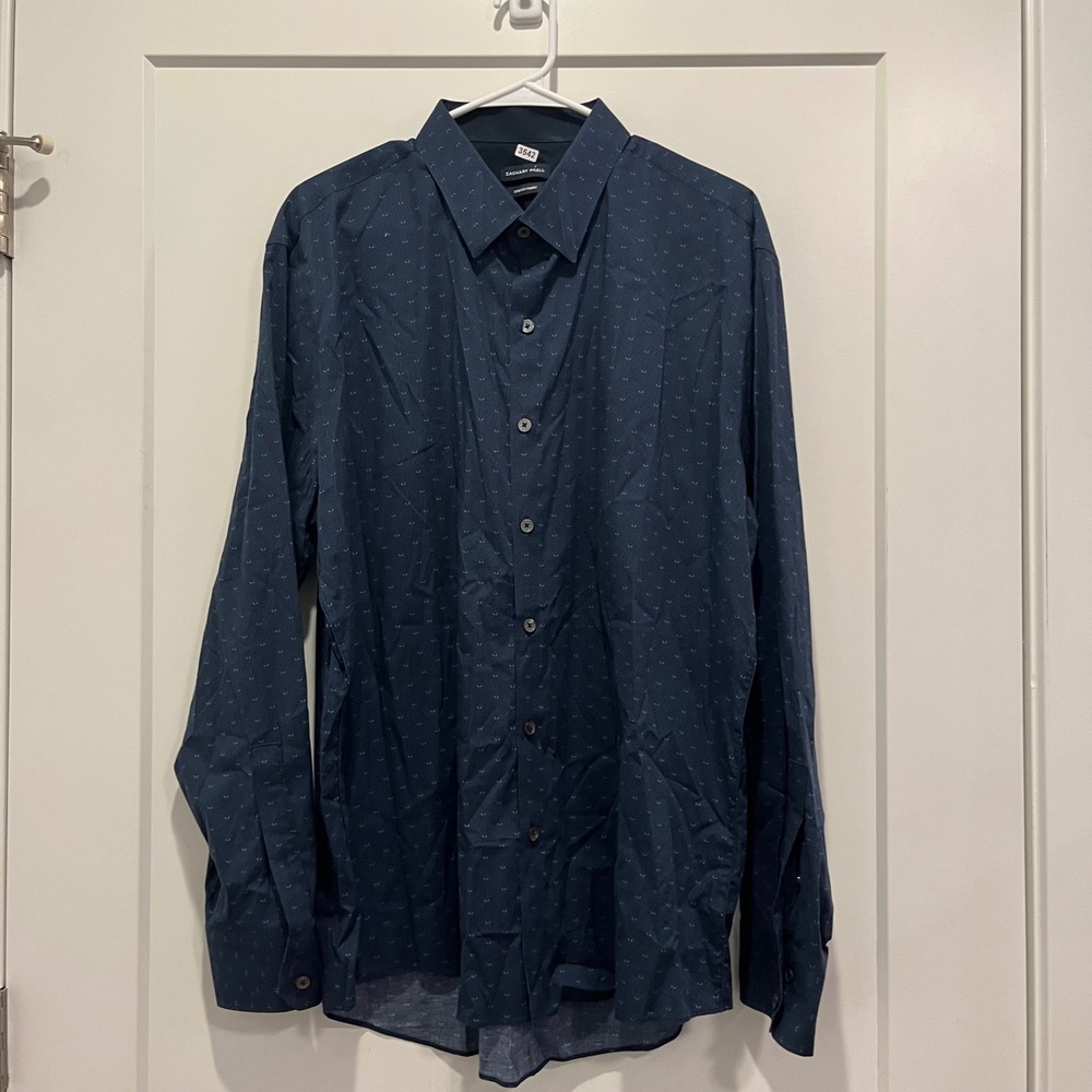 Zachary Prell Mens Navy Blue Teal Micro Print Stretch Button Down Shirt XL